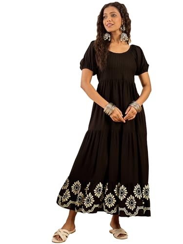 Stylum Women's Black Printed Rayon Tiered Dress