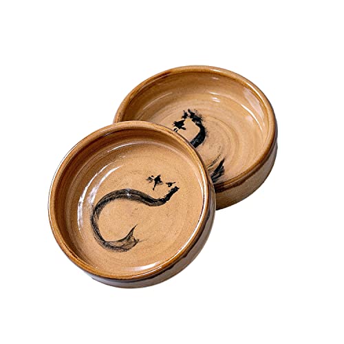 Tazón de cerámica rústico hecho a mano para mascotas, plato para gatos, pintura a mano, esmalte marrón