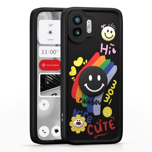 Image of Pikkme Back Cover for Nothing Phone 2 | Soft Silicone| Cute Rainbow Smile & 3D Cartoon Flower Design | Shockproof Raised Camera Protection Bumper Case (Black)
