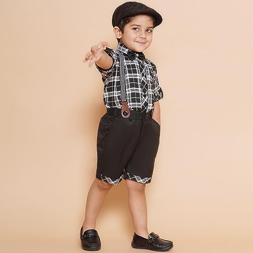 Image of AJ DEZINES Kids Cotton Blend Half Sleeve Shirt Shorts Suspender Cap Bow Tie Set For Boys