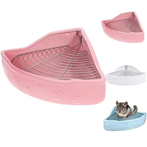 三角うさぎ トイレ 陶器 小さい 三角兎 トイレ ケージの角に固定 小動物 トイレ 金網スノコ付き 噛み防止 モルモット チンチラ トイレ 丸洗いOKでいつでも清潔 ウサギ トイレ トレーニングに最適 (大きい,ピンク)