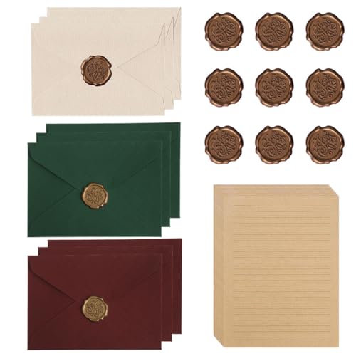 Juego de papelería vintage con 9 sobres de papel kraft vintage, 20 hojas de papel de carta vintage y 9 sellos de lacre. Papelería elegante para invitaciones de boda, cumpleaños y regalos.