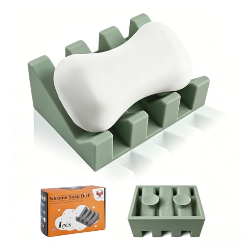 Coipdfty Soap Dish Holder for Shower with Suction Cup, Silicone Soap Holder & Saver Self-Draining Bar Soap Dish Keeps Soap Dry for Bathroom, Kitchen, Bathtub (Green,1-Pack)