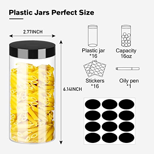 Plastic Jar With Lids 16Oz Clear Empty Containers 16Pcs Straight Cylinders Storage Jars With Airtight Black Lid Stackable Refillable Round Plastic Jars For Kitchen Food & Home Storage #TOP1