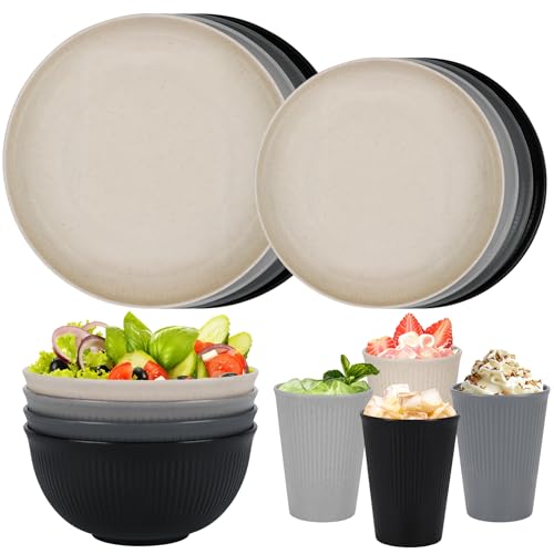 Plastic Dinner Sets for 4 People 16pcs Camping Plates and Bowls Set Reusable Picnic Set Unbreakable Plates Cups Bowls for Adult Party Home