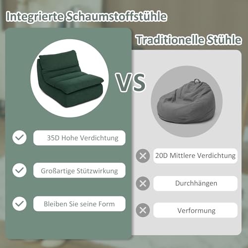 HOMCOM Bodenstuhl mit einteiligem ultrahochdichtem Schaumstoff, Bodensessel Lazy Sofa mit Samtoptik Meditationsstuhl Relaxsessel für Zuhause, Büro, Grün