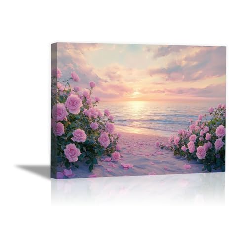Lienzo de playa con rosas para un dormitorio relajante, cuadro decorativo enmarcado de 20x30
