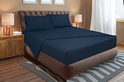 Image of ROYALE LINENS 4 Piece Queen Sheets Set - Soft Brushed 1800 Microfiber Bedding - 1 Fitted, 1 Flat Sheet, 2 Pillow Cases - Wrinkle Free & Fade Resistant - Hotel Luxury Bed Sheets (Stripe Navy, Queen)