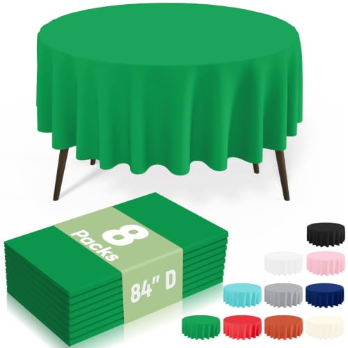 Image of misaya 8 Packs Disposable Plastic Table Cloth, 84 inch Round Waterproof Tablecloth, Leakproof & Sturdy Decorative Table Covers for Picnic, Party, Outdoor and Back to School, Green