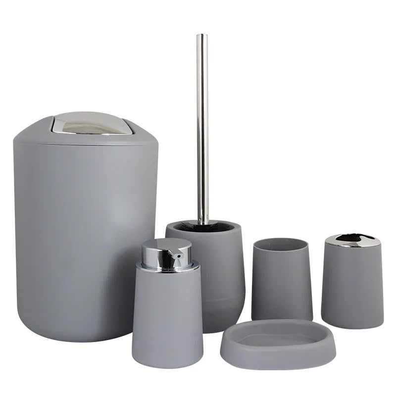 Set Accessori Bagno Set Di Accessori Da Bagno In Bambù Kit Da Bagno In Plastica Dispenser Di Sapone, Tazza For Spazzolino Da Denti, Portasapone, Porta Scopino, Pattumiera(Gray 6pcs B)