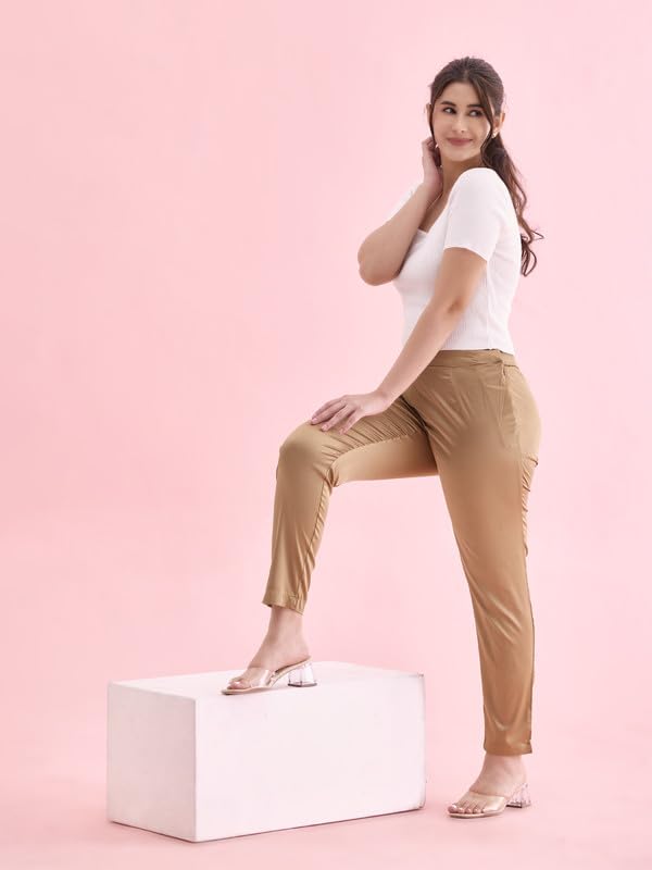 Image of GO COLORS Women Mid Rise Polyester Shiny Pant