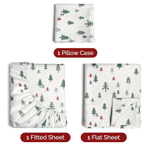 Twin Christmas Trees Sheet Set - Holiday Xmas Pattern Bedding Set - Deep Pockets - Snug Fit - 3 Piece - Wrinkle Free & Easy Care - Comfy Festive Winter - Holiday Sheets for Women, Men, Kids & Teens