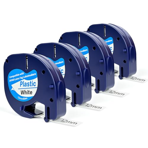4-Pack Compatible with Dymo Label Maker Refills 91331 White Plastic Label Maker Refills for Labeler Letra Tag 200b Lt 100h 100t Plus 12mm X 4m (1/2 X 13) Tape for Dymo Letratag Refills