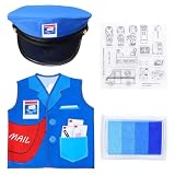 Keymall Disfraz de cartero para niños con sombrero de cartero, chaleco portador de correo, almohadilla de tinta transparente para jugar a simular, disfraz postal de Halloween