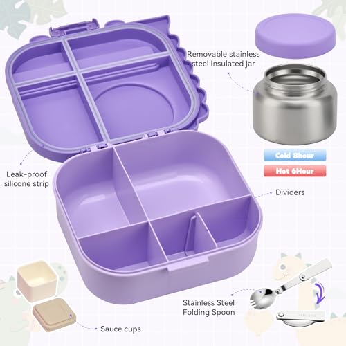 Image of Pawtong Bento Lunch Box with Thermo, 4-Compartment Bento Box with Adjustable Dividers, Leakproof Dinosaur Lunch Box with 14.2OZ Insulated Food Jar & Sauce Jar, for School Office Travel (Purple)