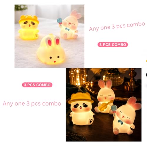 Image of Cute LED Night Lamp for Kids (Pack of 3) Panda & Bunny Toy Light | Baby Night Light | Return Gift, Birthday Gift, Room Decor Lamp | Soft Warm Glow | Battery Operated Mini Decorative Lamp