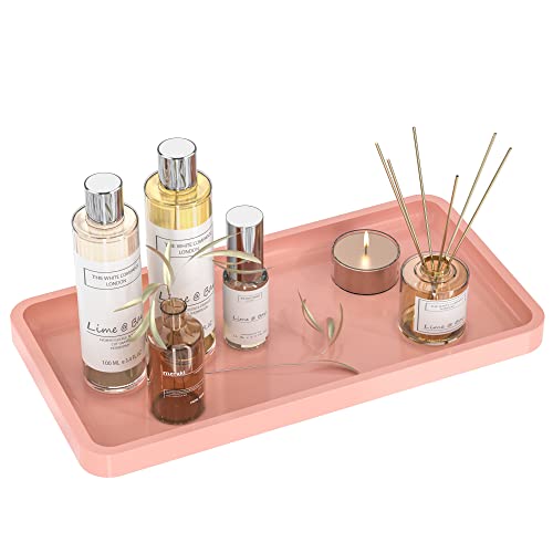 Image of Bathroom Vanity Tray for Countertop - Bamboo Organizer Tray for Dresser Tops, Toilet, Perfume Small Decorative Tray Wood Tray for Home Decoration 11.81 inch L x 6.1 inch W x 0.79 inch H (Pink)