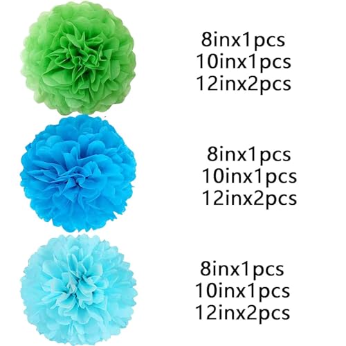 Image of We Moment Green Blue Light Blue Paper Pom Poms Paper Flowers Decorations for Green Blue Birthday Party Decoration Ceiling Wall Hanging Tissue Flowers Decorations 12pcs 3 Colors