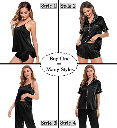 Image of SWOMOG Womens Silk Satin Pajamas Sets 4pcs Sleepwear Sexy Cami Shorts Set and Button Down Short Sleeve Pjs Loungewear