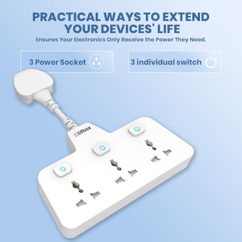 Image of EMBOX Multi Plug Socket 2500 W | Extension Board with Switches | 3 Universal Sockets Multi Plug Adapter Fast Charging No Block Design, White