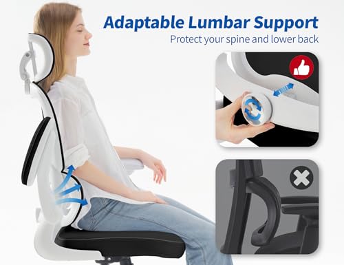 Image of TRALT Ergonomic Office Chair - Desk Chair with Adjustable Headrest Lumbar Support Computer Chair - Mesh Comfy Chair with Flip-up Armrests - Gaming Chairs for Adults Home Office (Leather, Black White)