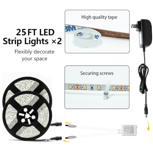 Image of 50ft LED Strip Lights, Waterproof Dimmable Timer 12V 900 LEDs 3000K Indoor