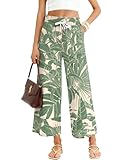 LOMON Wide Leg Pants for Women High Waisted Summer Beach Capri Pants Loose Floral Trousers Green Leaves XL