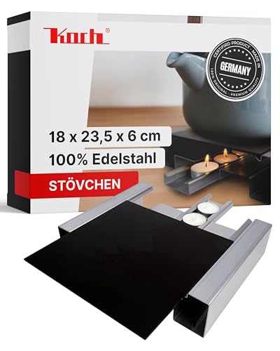 Produktfoto von Koch #02 Hochwertiges Edelstahl Rechaud/Stövchen mit eloxierter Wärmeplatte und flexiblem Teelichtauszug für 2&hellip;