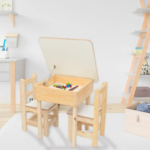 Conjunto Infantil Mesinha Resistente Com Baú e 2 Cadeiras de Madeira