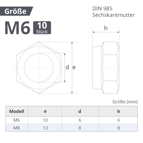ORTAVA Sechskantmuttern M6, Sechskantmuttern Sicherungsmutter, Edelstahl Standard M6 Mutter, 10 Stück Selbstsichernde Muttern, Stoppmuttern Kontermuttern Set