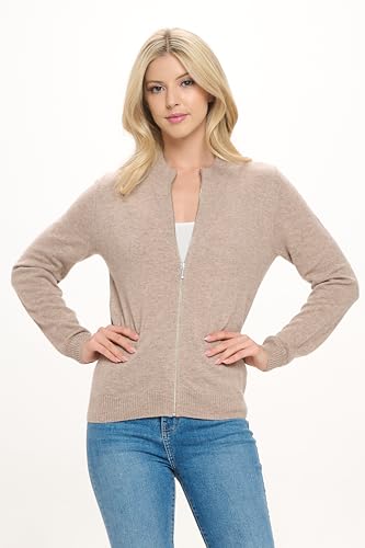 Image of Women's 100% Cashmere Soft Long Sleeve Crew Neck Open Zip Cardigan