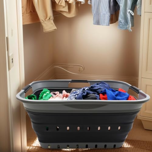 Image of SAMMART 42L (11 gallon) Collapsible Plastic Laundry Basket - Foldable Pop Up Storage Container /Organizer - Portable Basket - Space Saving Hamper /Basket (2, Grey /Black)