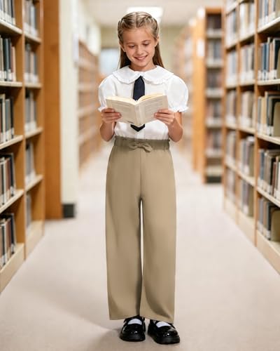 Image of Girls Wide Leg Palazzo Pant Loose Straight Cute Bow Waist Spring Summer Lightweight Dress Pant for Kids 5-14Y