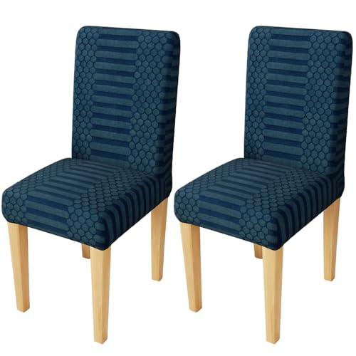 Image of Lukzer Elastic Dining Chair Cover - 2PC Pastel Marine Blue Dotted Stripe | Textured High Stretch Jacquard Seat Cover | Removable Washable Short Dining Chair Cover Protector Seat Slipcover | CC-134-02