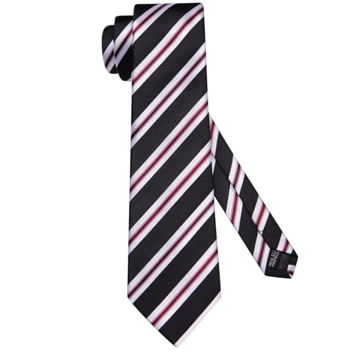 Image of Dubulle Mens Paisley Floral Silk Tie for Men Black Red Striped Necktie and Pocket Square Cufflinks Set Wedding Business