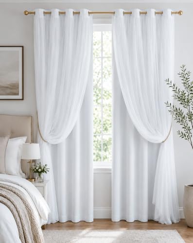 PONY DANCE Double Layer Blackout Curtains with White Sheer 84 Inches Long