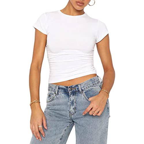 Geagodelia Women's Basic T-Shirt Ladies Short Sleeve Crop Top Y2K Fashion Aesthetic Clothes Summer Outfit Streetwear (A - White, S)