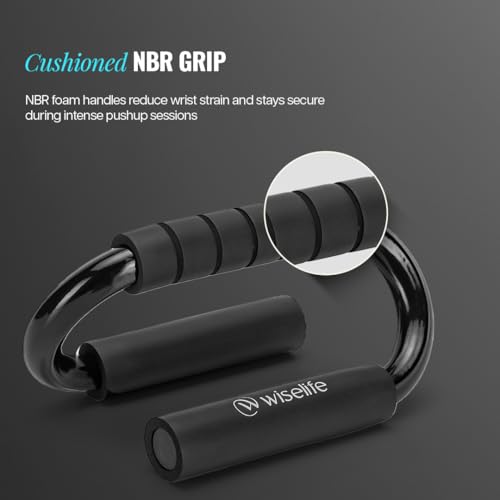 Image of Wiselife Push Up Bar Pair | Anti Slip Base for Home Gym & Workout Training | Heavy Duty Durable Push Up Bars for Chest, Arms & Core Strength | Ergonomic Comfortable Grip Handles S-Shape (Black)