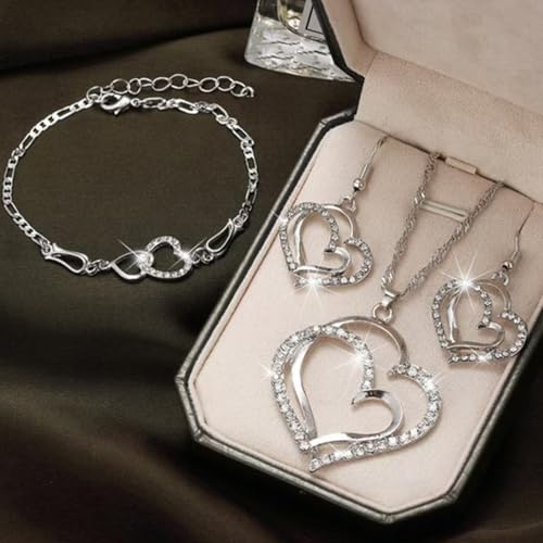 4PCS/Pack Luxury Double Heart Jewelry Set for Women, Hollow Big & Small Heart Crystal Zircon Necklace Earrings Bracelet Set, Elegant Gold Wedding Jewelry Valentine's Day Gifts - Image 3