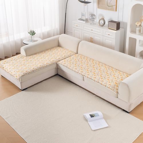 Image of HOKIPO Sunlit Butterfly L Shape (3+2 Seater) Sofa Seat Mat with Tassel| Quilted Sofa Cover Mat, 'Tassel Twigs' Series (IN-984-T3 + IN-986-T3)