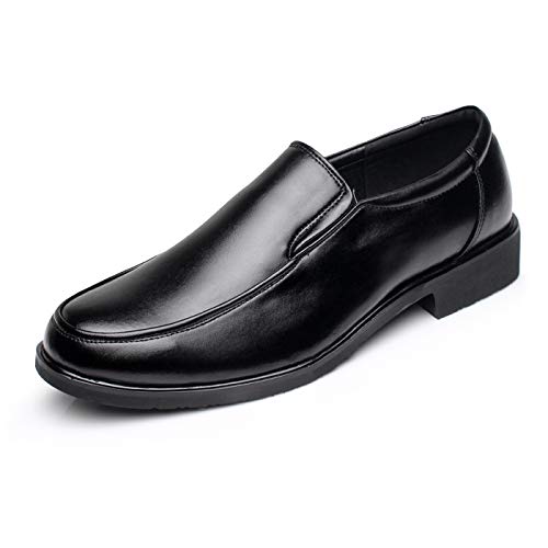 Formal Shoes for Men Slip On Round Apron Toe Cowhide Slip Resistant Rubber Sole Anti-Slip Block Heel Low Top Walking