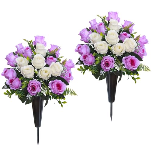 Lodou Set of 2 Artificial Cemetery Flowers Memorial Flowers Bouquet Grave Memorial Flowers with Vase for Cemetery Headstones Decoration (Purple White)