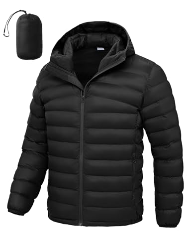 BGOWATU Men's Winter Puffer Jacket Lightweight Packable Hooded Water-Resistant Insulated Puffy Coat for Snow Ski Black L