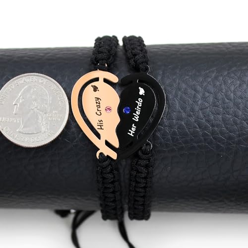 Image of 2pcs Black /Rose Gold Custom Carved Heart-shaped Puzzle Bracelets, Hand Woven Stainless Steel with Zirconia Jewelry for Men and Women, Fashion Couples Promise Bracelets
