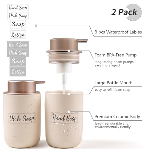 Image of BosilunLife Foaming Soap Dispenser Set - Apricot Ceramic Foam Hand Soap Dispenser 12oz with Rust Proof Pump, Easy Pressing & Refillable,4Pcs Clear Stickers for Kitchen, Bathroom - 2 Pack