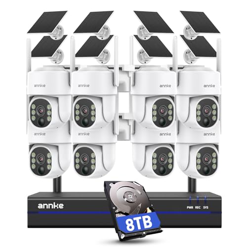 ANNKE 4MP Überwachungskamera Set Aussen Akku mit Solarpanel, 16CH 4K/8MP NVR und 8TB HDD, 8X Pan Tilt Dome Kamera, Farbnachtsicht, 2-Wege-Audio, Personenerkennung, Spotlight Alarm, 2.4G/5Ghz WLAN