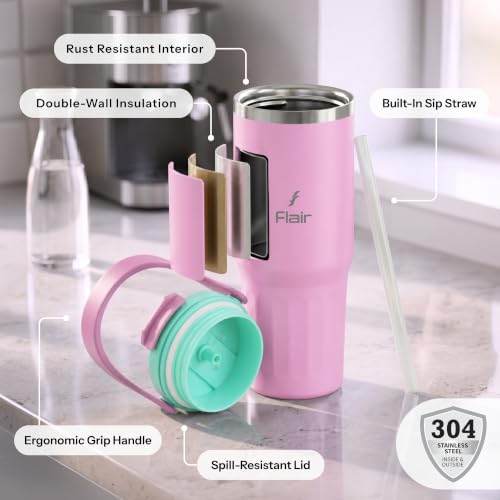 Image of FLAIR Vibe Vacuum Insulated Tumbler 750 ml Light Purple | 2-in-1 Lid (Straw & Sip) | 304 Stainless Steel | Leak-Proof Travel Mug with Handle | Hot & Cold | BPA-Free