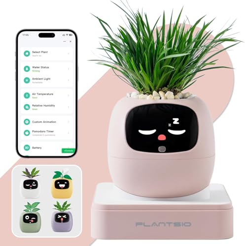 Smart Plant Pot with Visual Display Soil Moisture Water Level Light & Battery Monitor 80ml Self-Watering Reservoir Supports 50+ Plants Pomodoro Timer Clock & Calendar (Blush)
