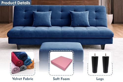 Image of Rosebell Modern Three-Seater Sofa Cum Bed - Foldable Velevt Fabric Sofa, Foam Seating, Stylish Design for Living Room, Guest Room & Office - Blue Color