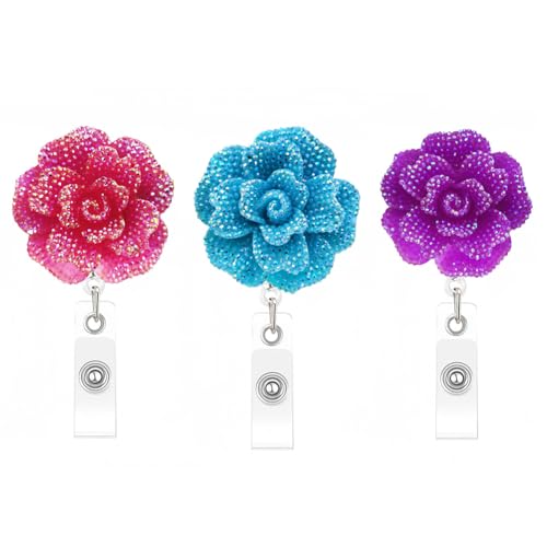 3 Pack Nurse Badge Reel Retractable Badge Holders Cute Flower ID Badge Reels Retractable with 360 Swivel Alligator Clip 24 Inch Cord Badge Holder (Purple Blue Rose Pink)